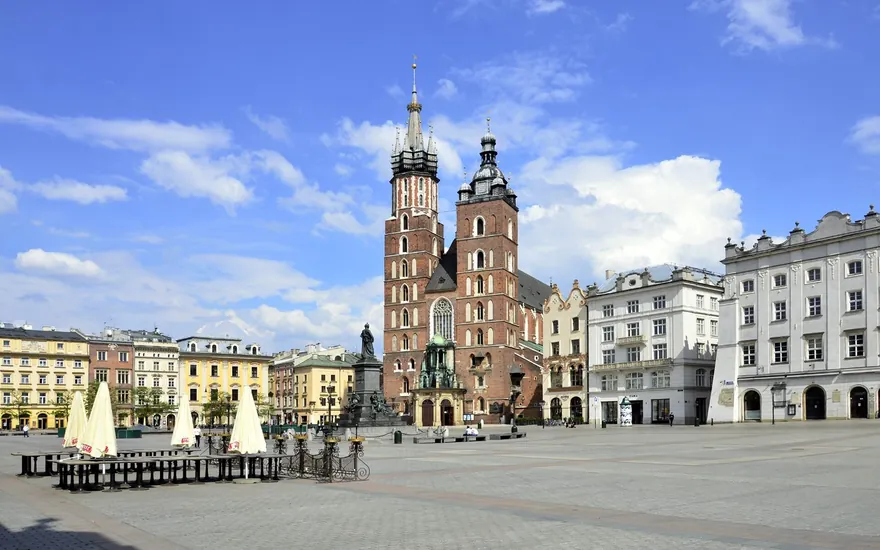 Empty Old Town Market Square in Kraków during the COVID-19 pandemic in Poland, April 2020
