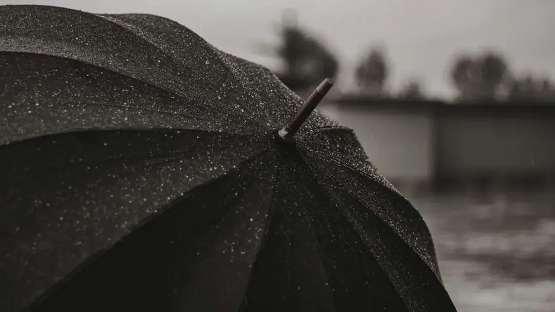 Rain beading on a large open umbrella